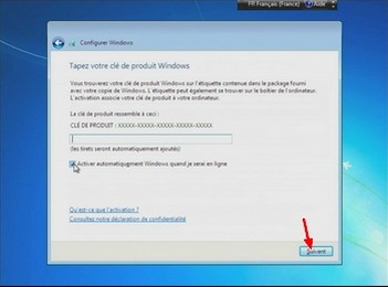 Installation de Windows 7 : Entrez la clé produit - N° de licence - de Windows 7
