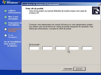 Entrez la clé de licence de Windows XP