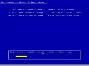 Formatage de la partition avant l'installation de Windows XP