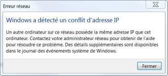 Message Windows lors d'un conflit d'adresses IP