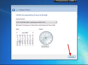 Installation de Windows 7 : Réglage date et heure