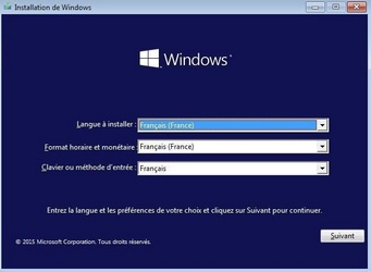 Installation de Windows 10 : Choix de la langue, du format de l'heure et le type de clavier...