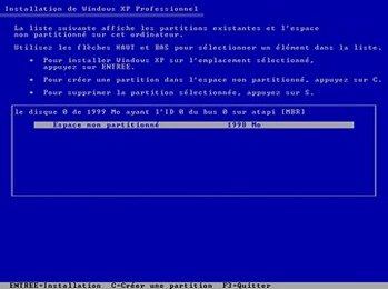 Choix de la partition où installer Windows XP