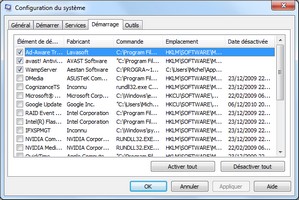 Onglet Démarrage de l'outil MSconfig de Windows 7 et Windows 8