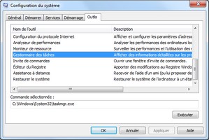 Onglet Outils de MSconfig de Windows 7 et Windows 8
