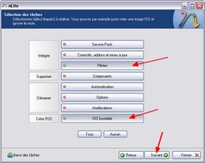 nLite : Sélection des modifications à apporter au CD de Windows XP