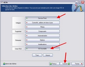 nLite : Sélection des modifications à apporter au CD de Windows XP
