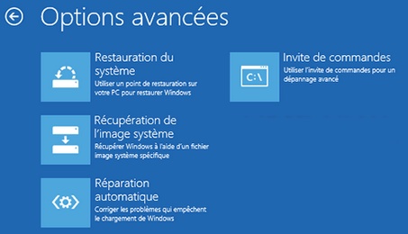Options avancées de la console de récupération de Windows 8
